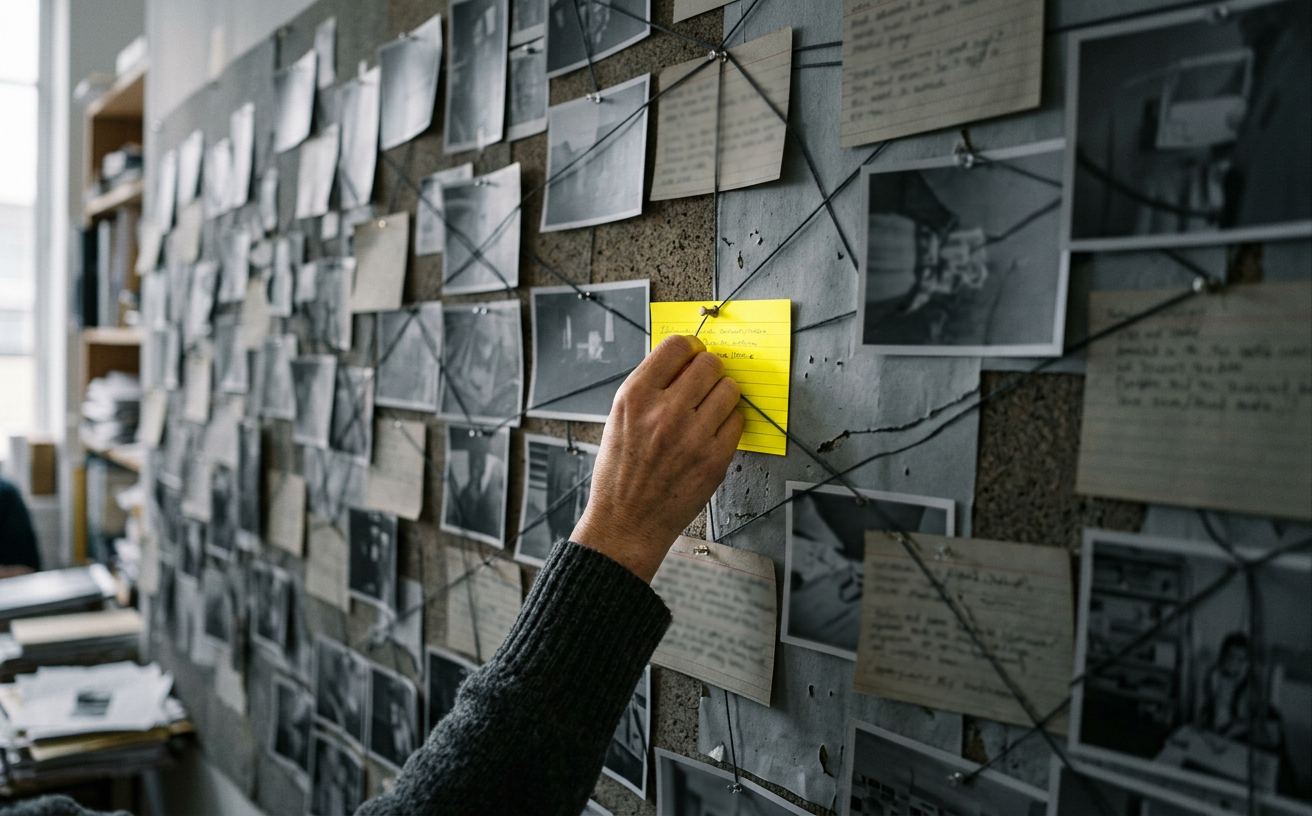 A hand pinning a yellow card into a storyboard wall of photo prints