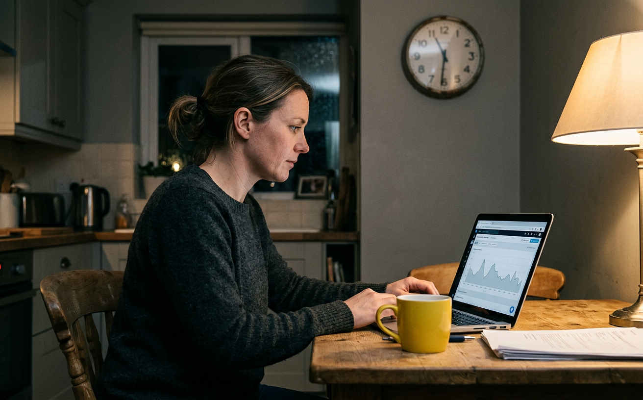A business owner at a kitchen table at night watching a 24-hour mention chart