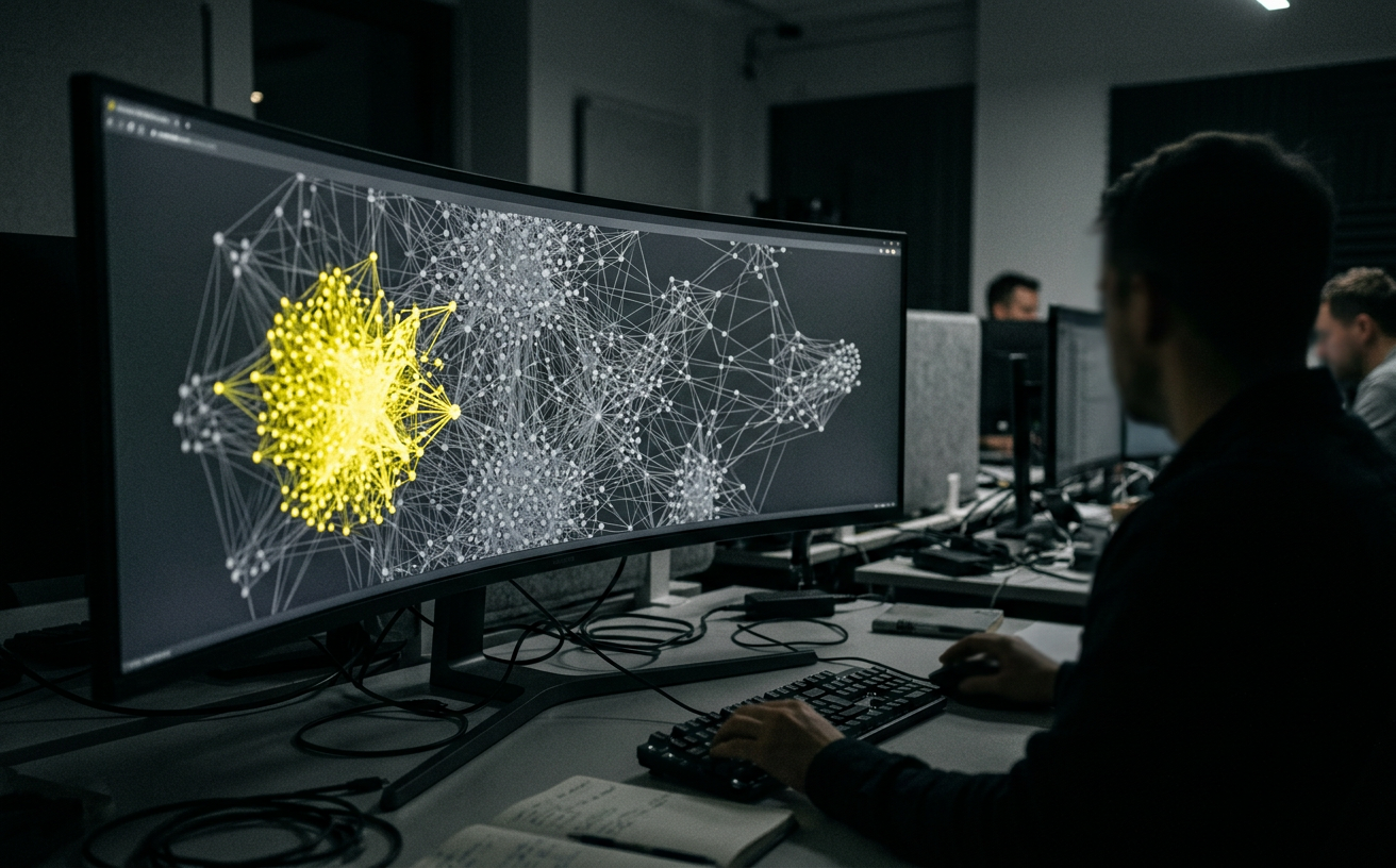 A curved monitor showing a network graph of conversation nodes with one cluster in yellow