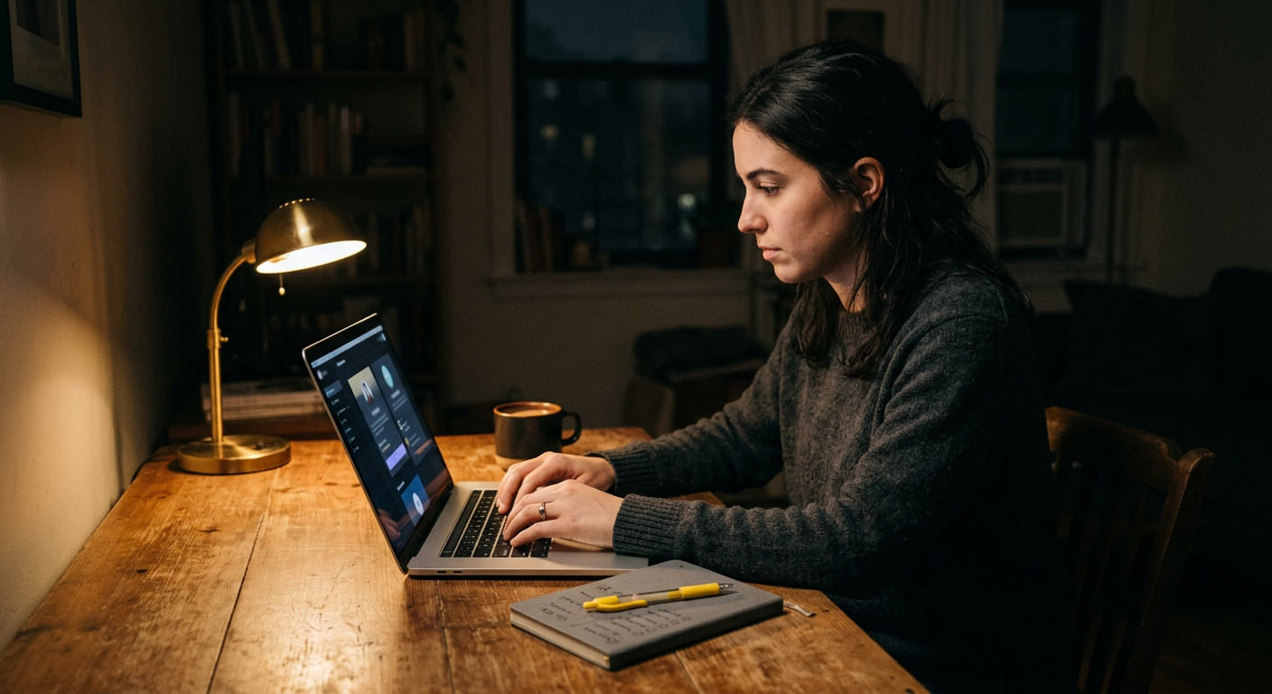 A person working alone at a laptop late at night with a checklist