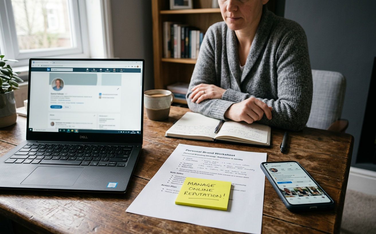 A desk with a phone showing a personal profile and a printed personal brand worksheet