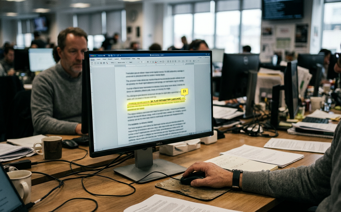 A newsroom screen with a draft article and one sentence flagged in yellow