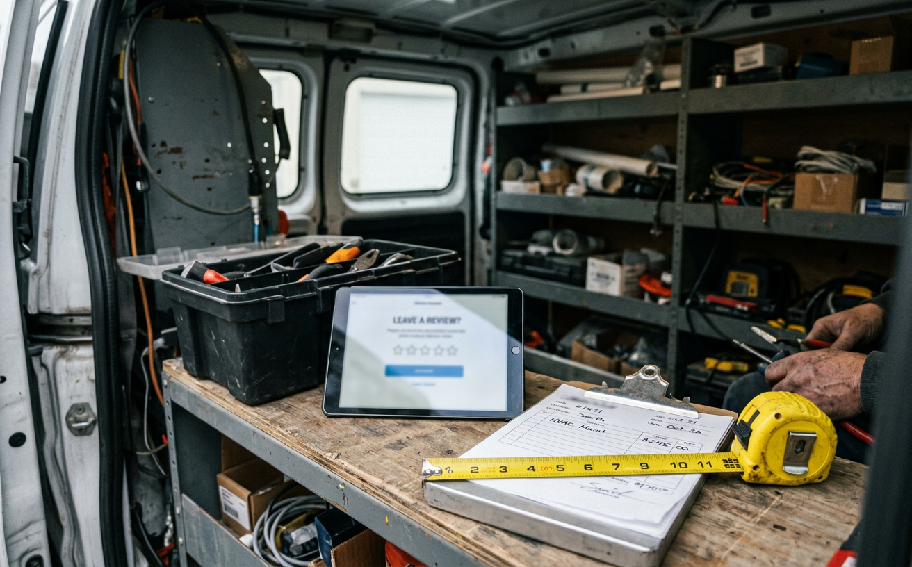 A service van interior with a toolbox and a tablet showing a review request