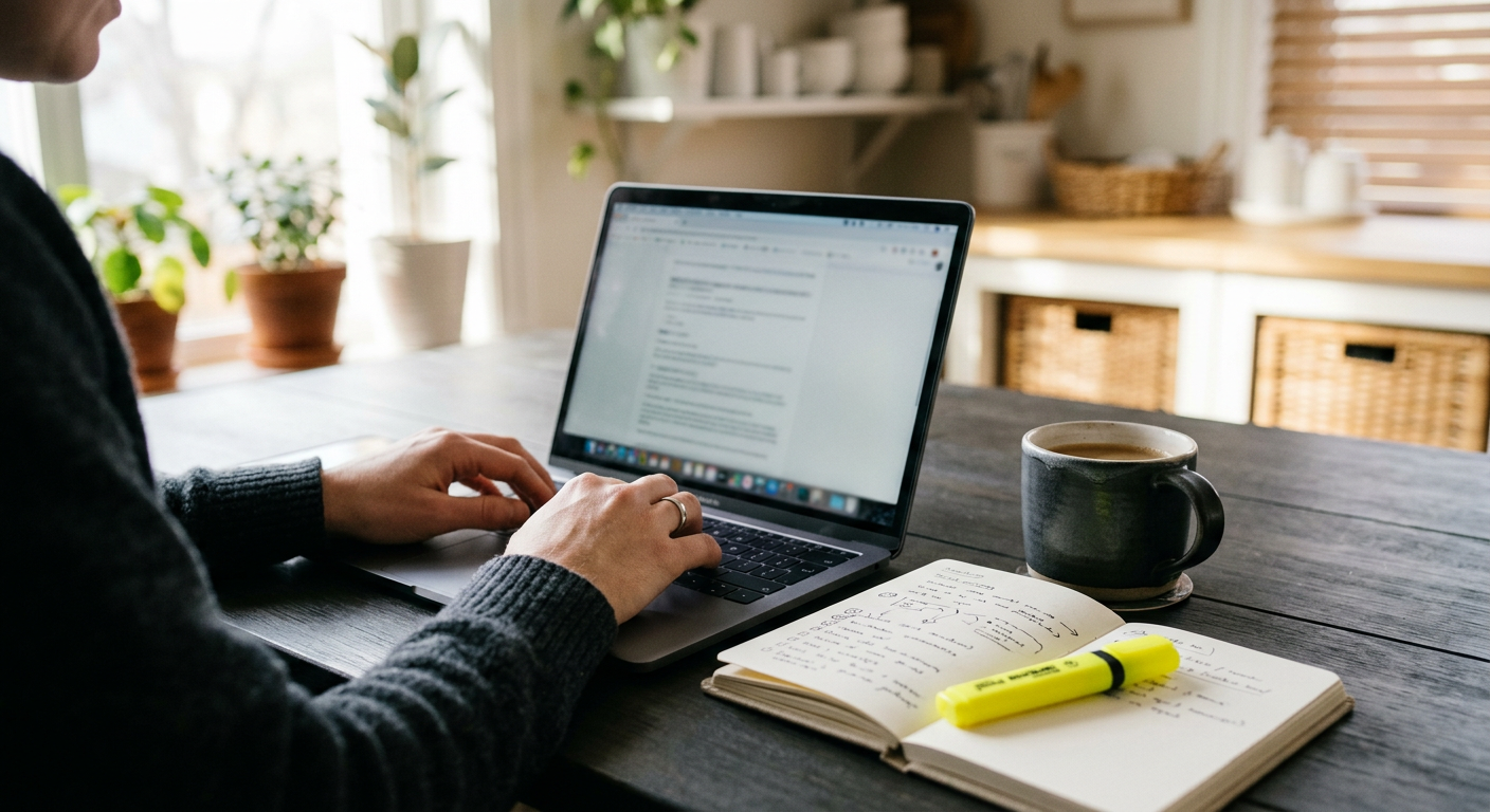 A kitchen table with a laptop, to-do list, and coffee