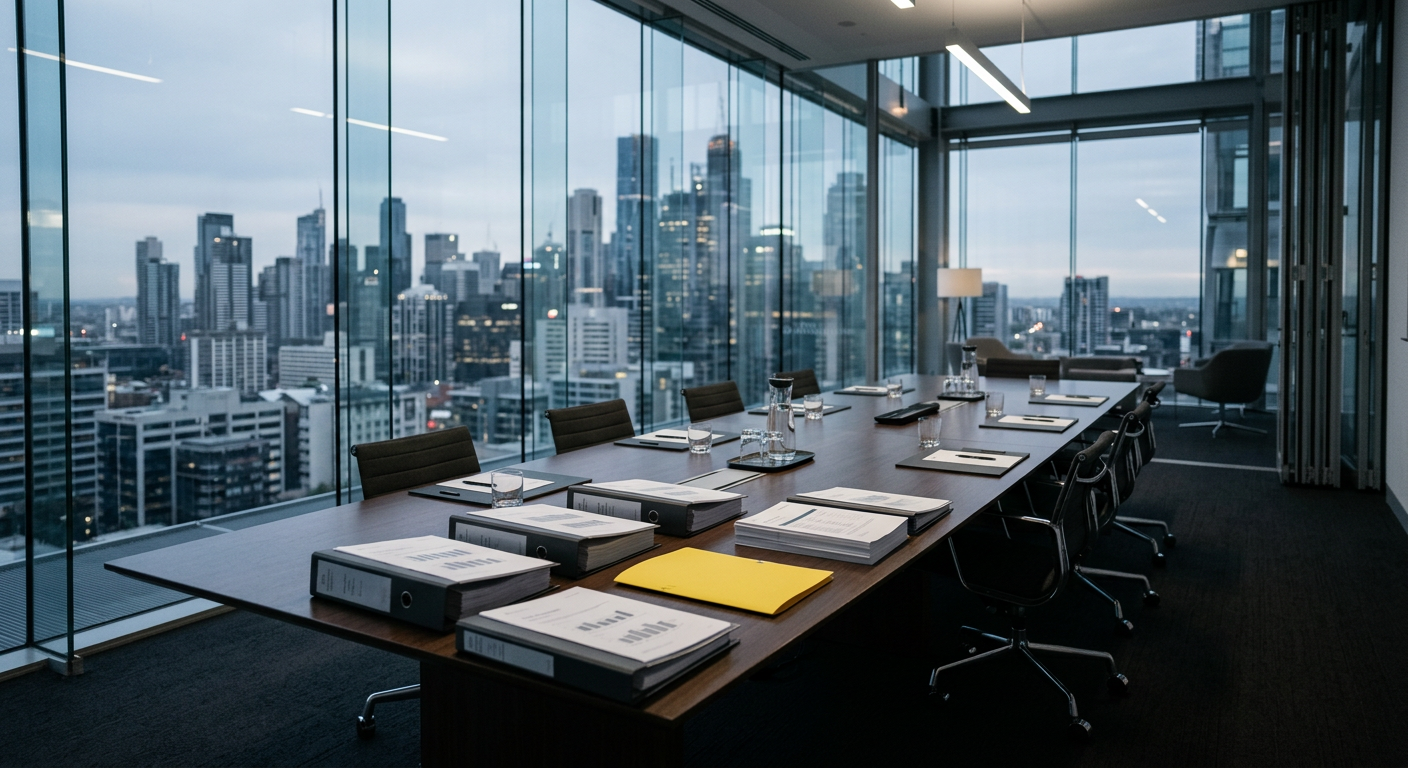 A glass boardroom with printed audit reports and a yellow folder