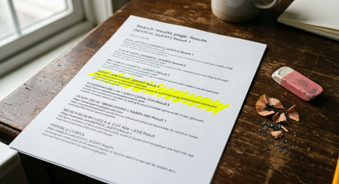 A printed search result struck through with yellow marker