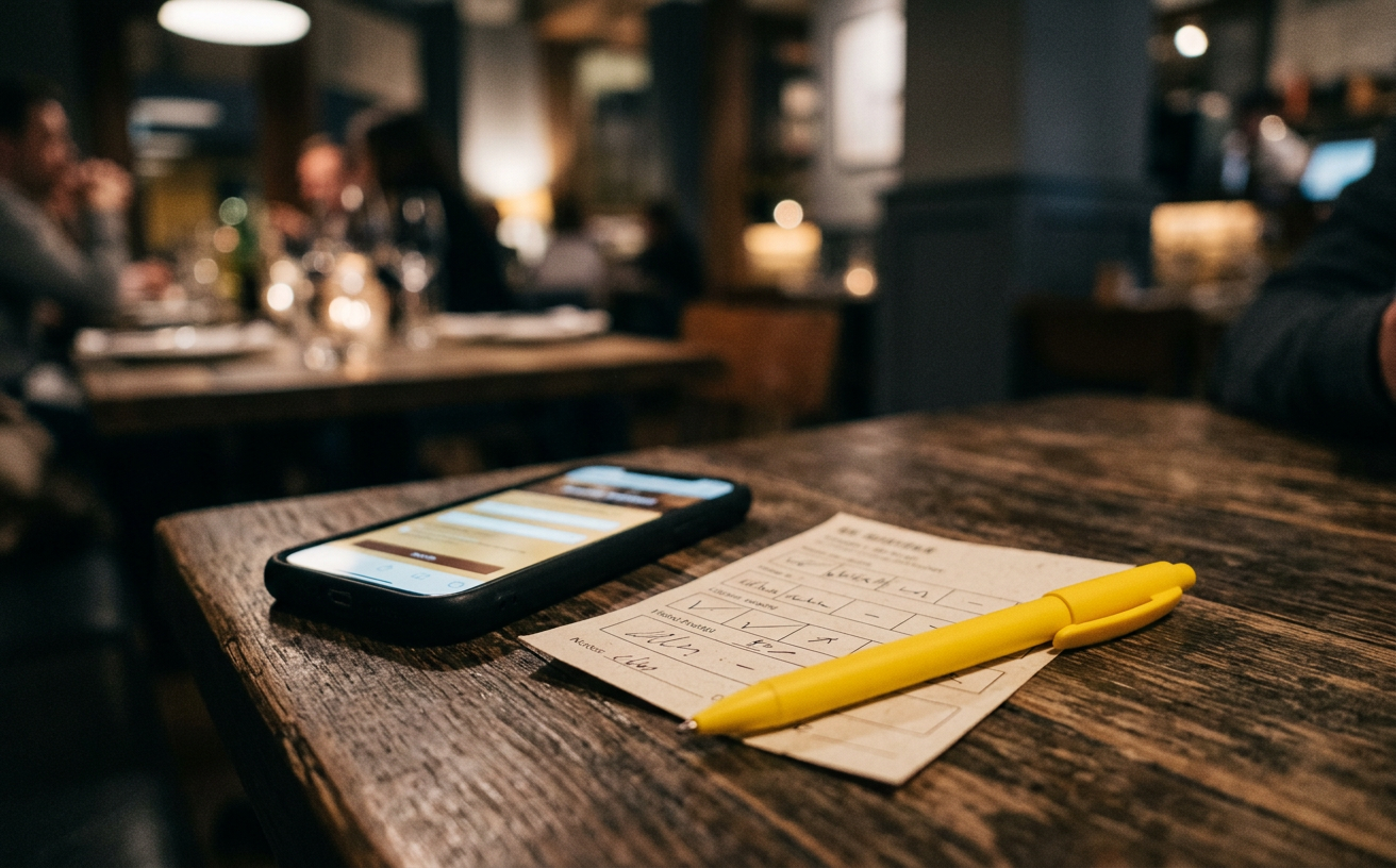 A restaurant table with a printed customer feedback card and a phone showing a survey