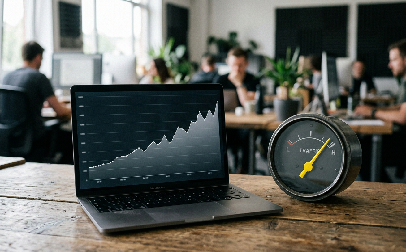 A laptop showing a rising search traffic chart beside a desk gauge with a yellow needle