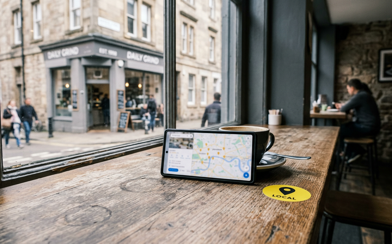 A phone on a cafe counter showing a local map with business pins