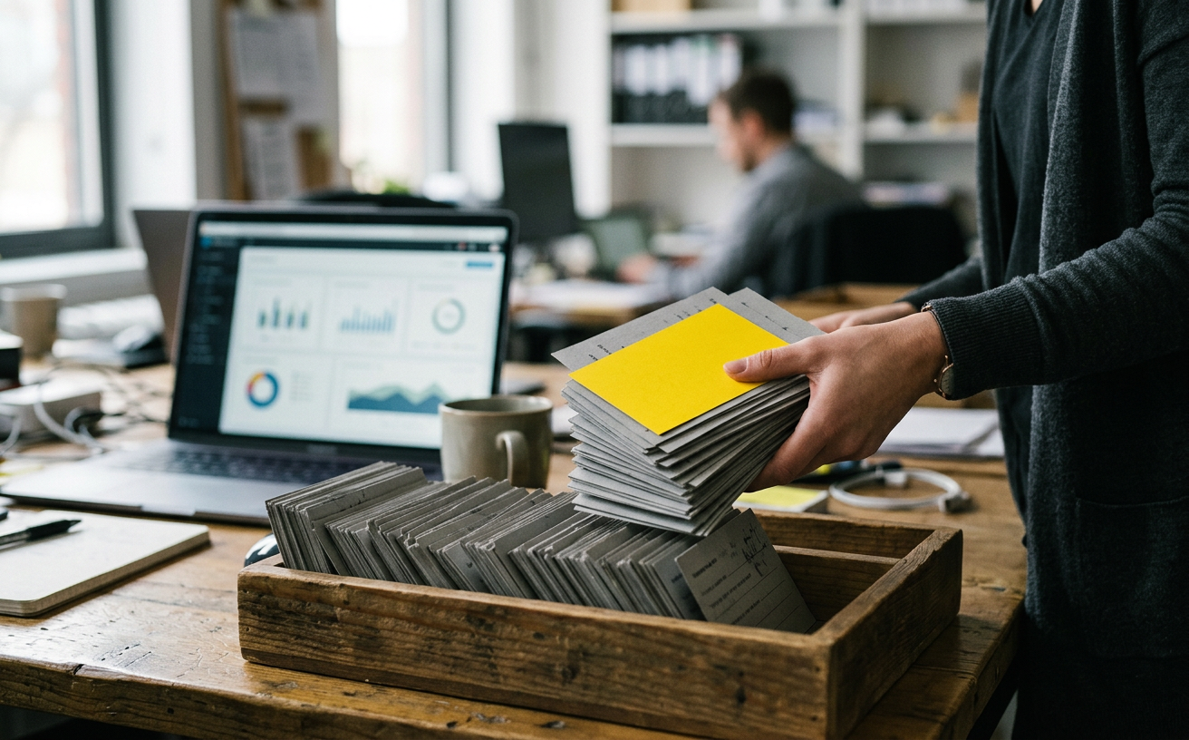 A hand gathering customer survey cards into a tray