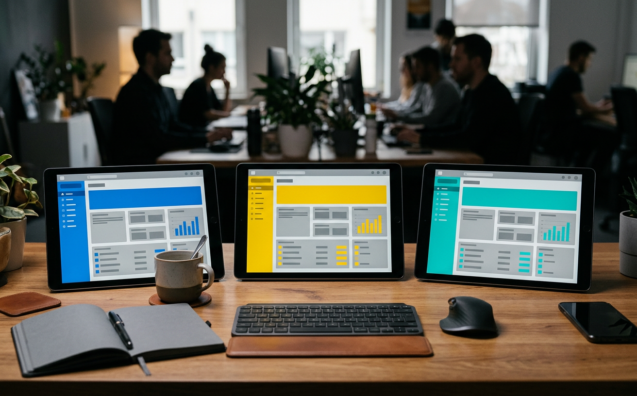 Three tablets showing the same review dashboard in different brand colors