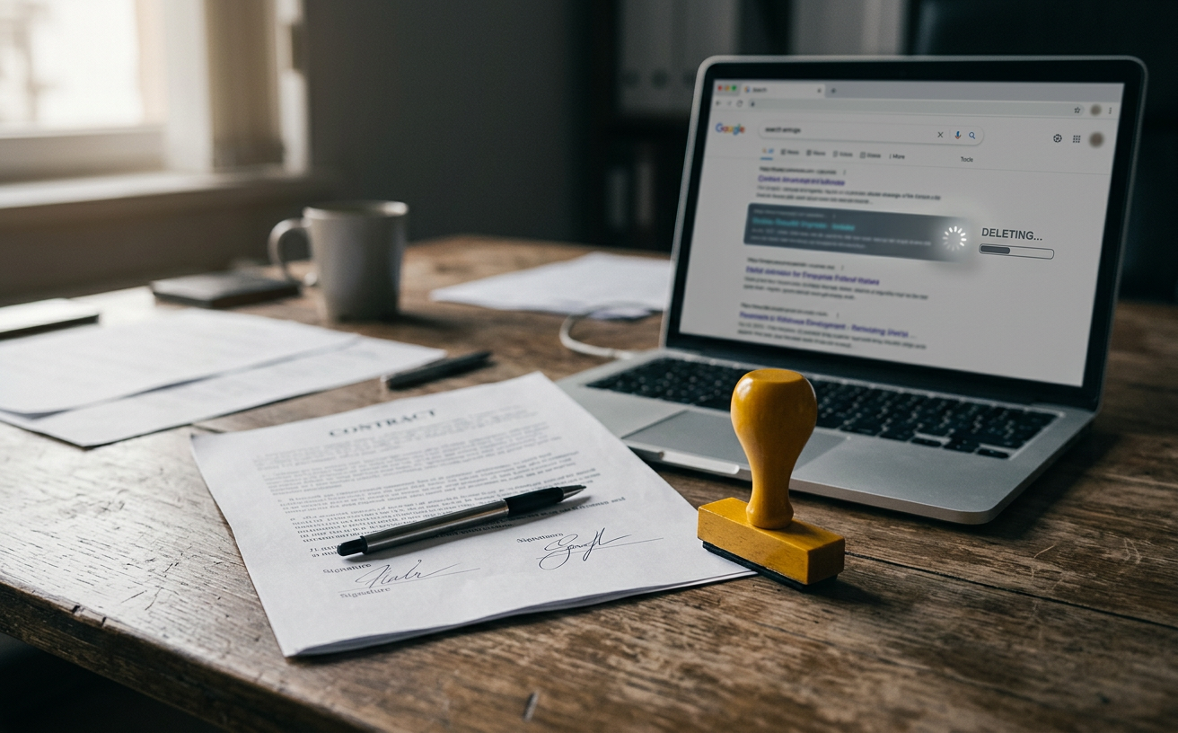 A signed contract and rubber stamp next to a laptop showing a search result being deleted