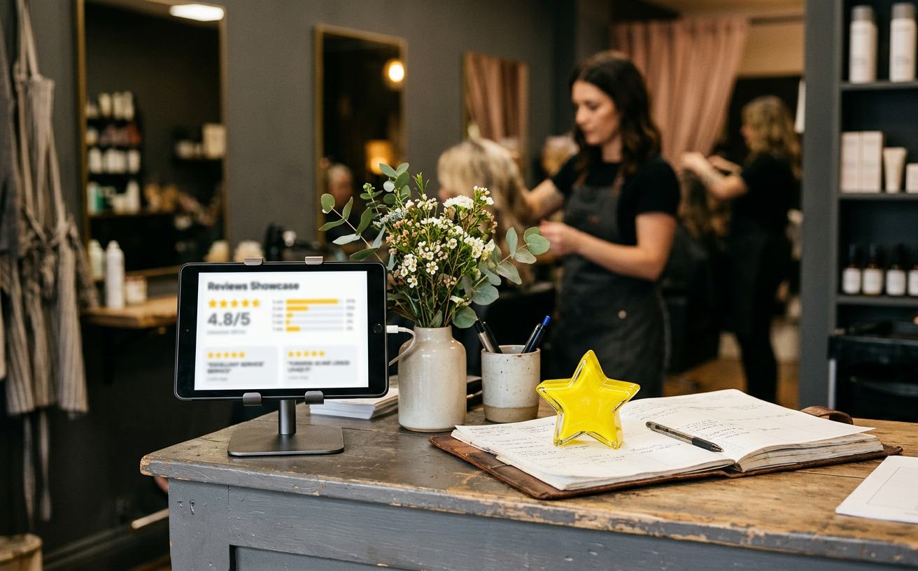 A salon reception tablet displaying a review showcase widget