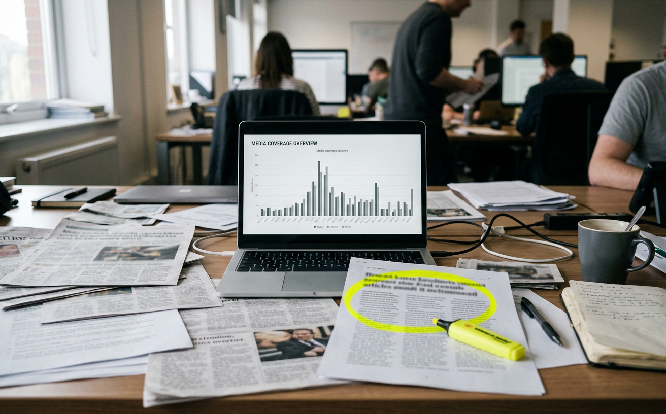A desk of printed press clippings and a laptop showing a media coverage chart