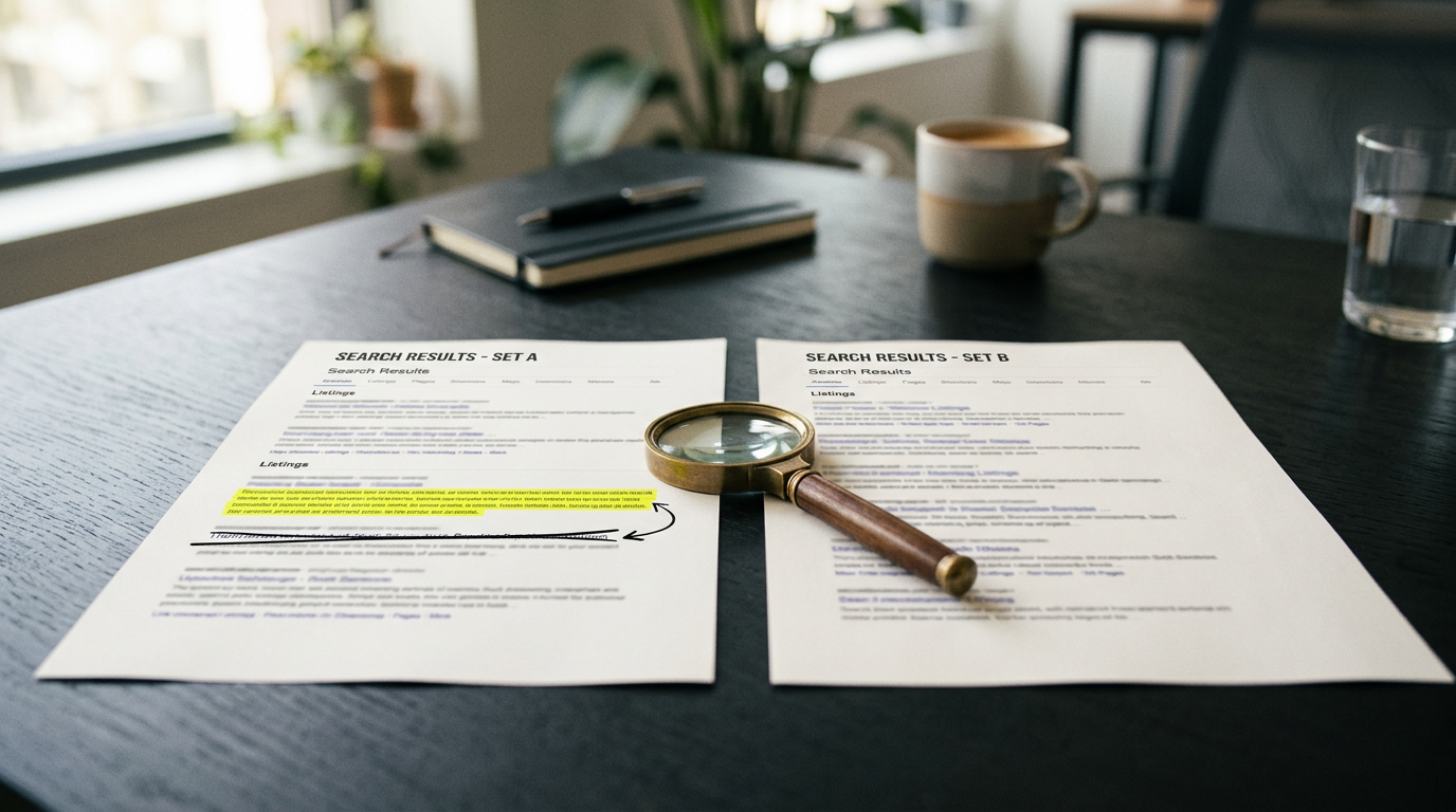 Two printed search result pages on a desk, one marked with yellow highlighter