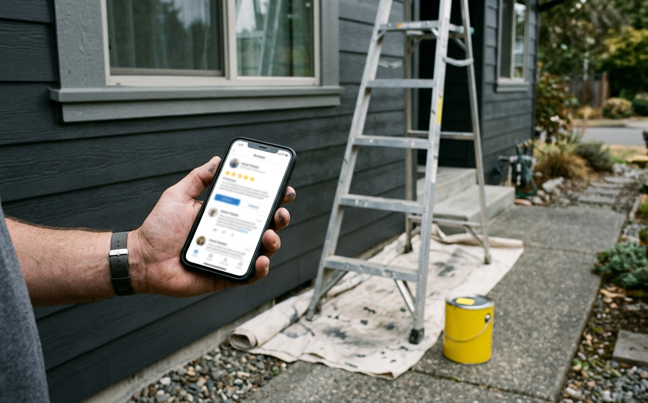 A freshly painted house exterior with a ladder and a phone showing a review screen