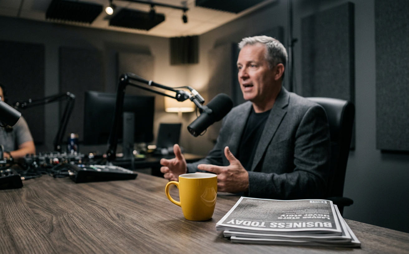 An interview studio with a microphone and a business magazine beside a yellow mug
