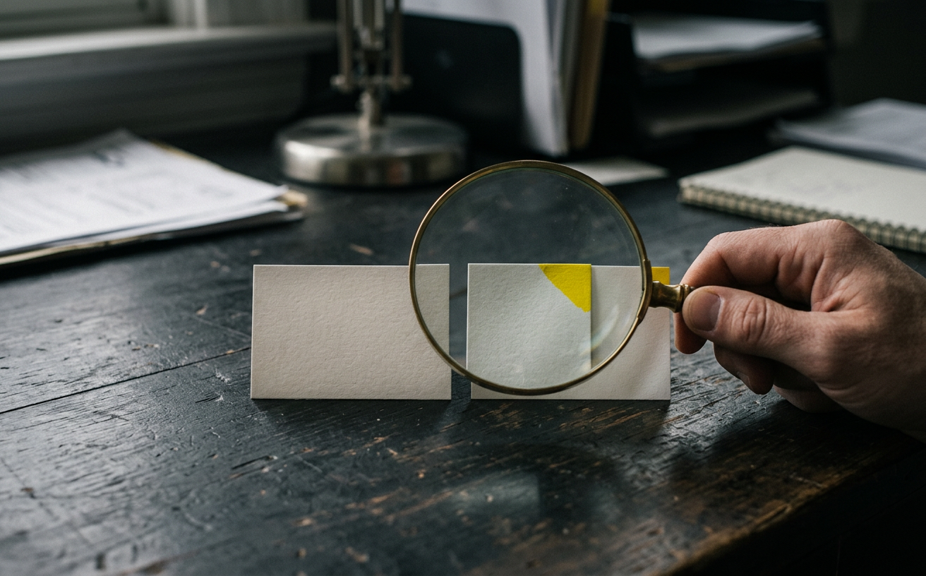 Two nearly identical business cards examined under a magnifying glass