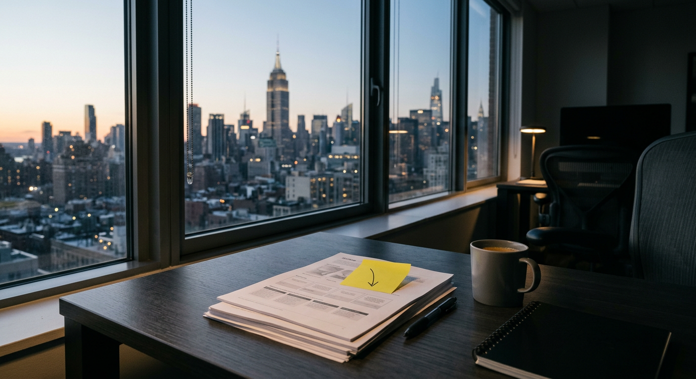 A desk with strategy documents in front of a New York window at dusk