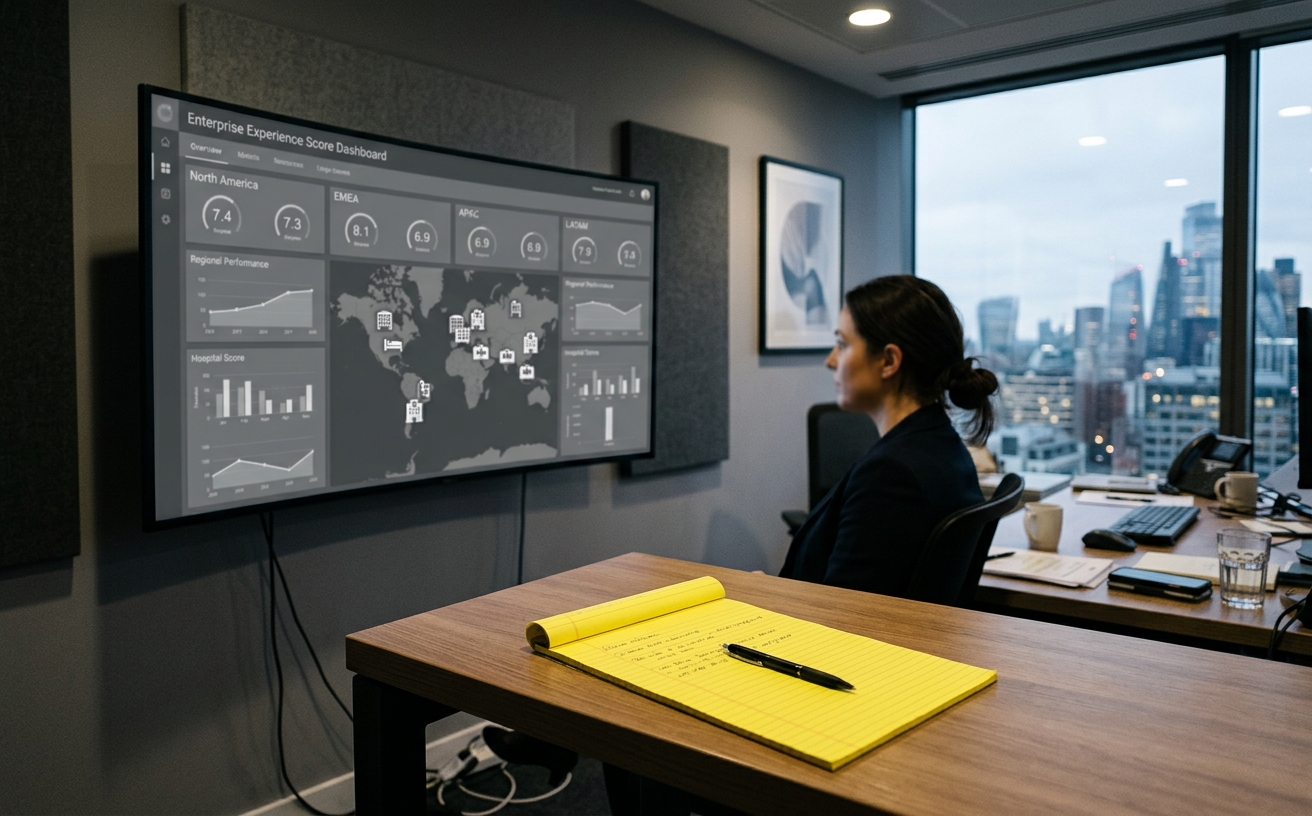 A monitor showing an enterprise experience score dashboard across regions