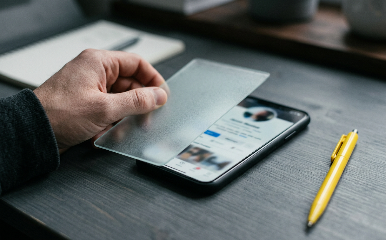 A hand sliding frosted glass over a phone showing a blurred personal profile
