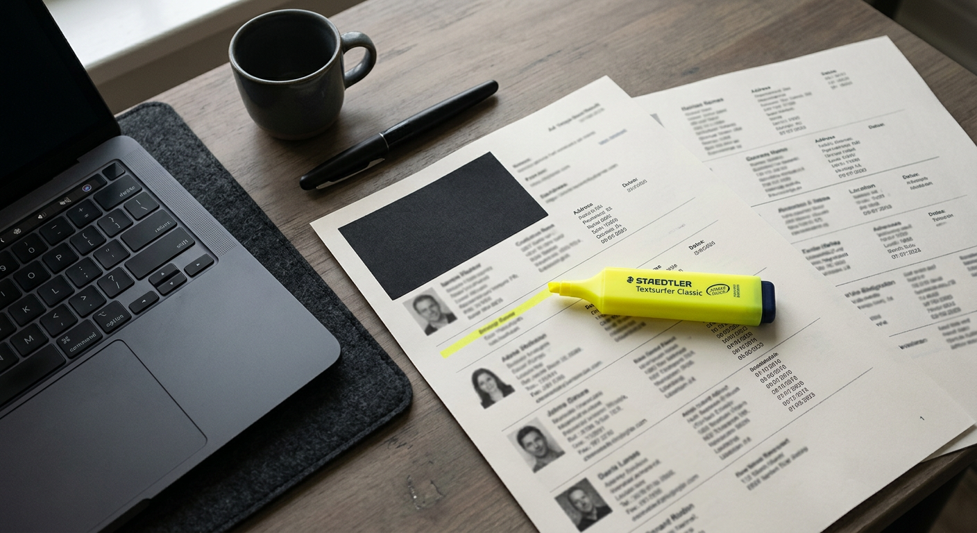 A printed people-search page on a desk with a yellow highlighter