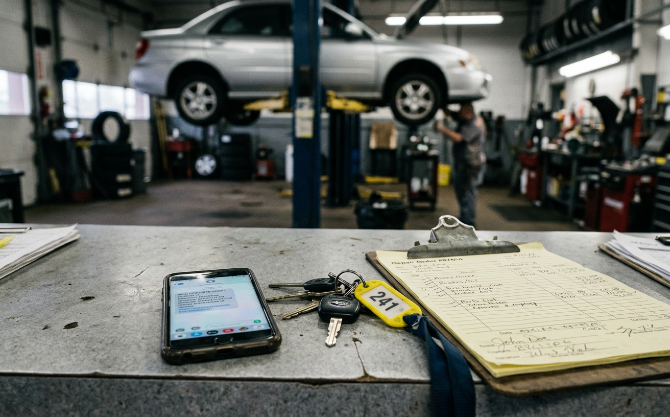 An auto repair counter with car keys, a work order, and a phone showing a review request