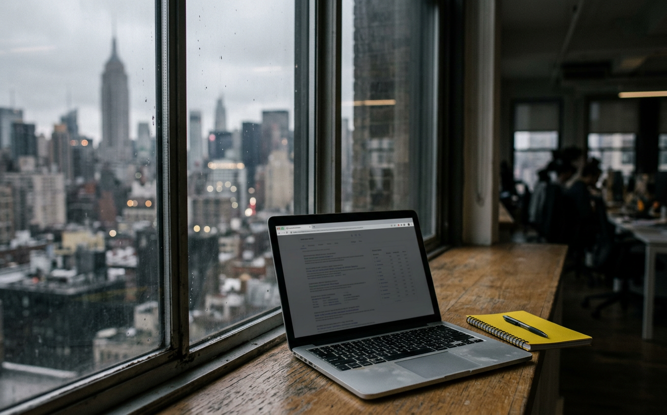 A laptop on a Manhattan office windowsill showing search rankings, skyscrapers behind