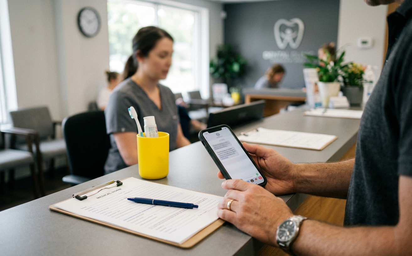 A patient at a dental front desk holding a phone with a text review request