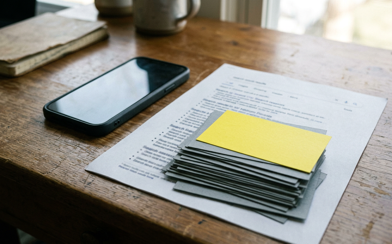 A printed search results page with lower results pushed down by a stack of index cards