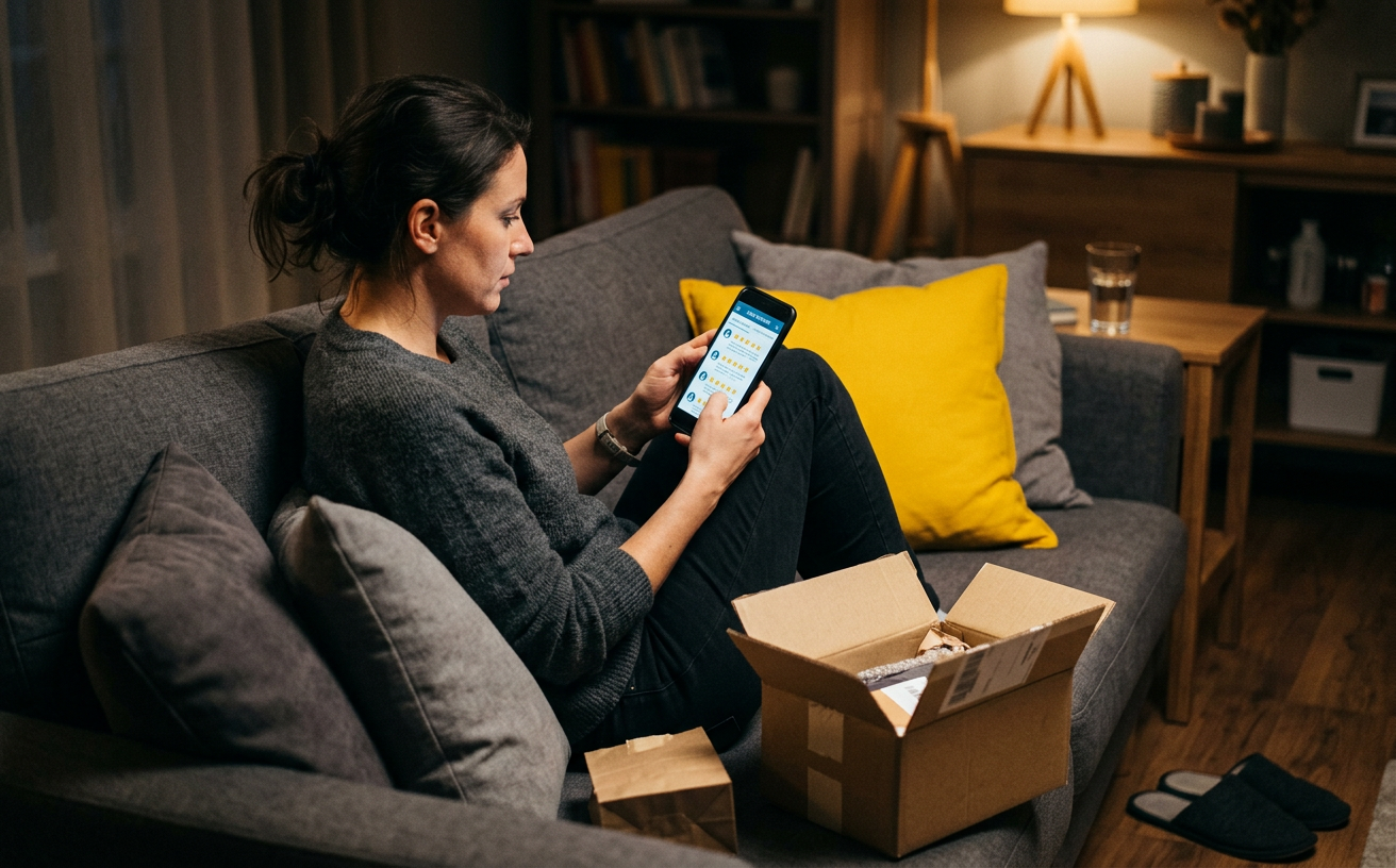 A shopper on a sofa scrolling a public review page beside a delivery box
