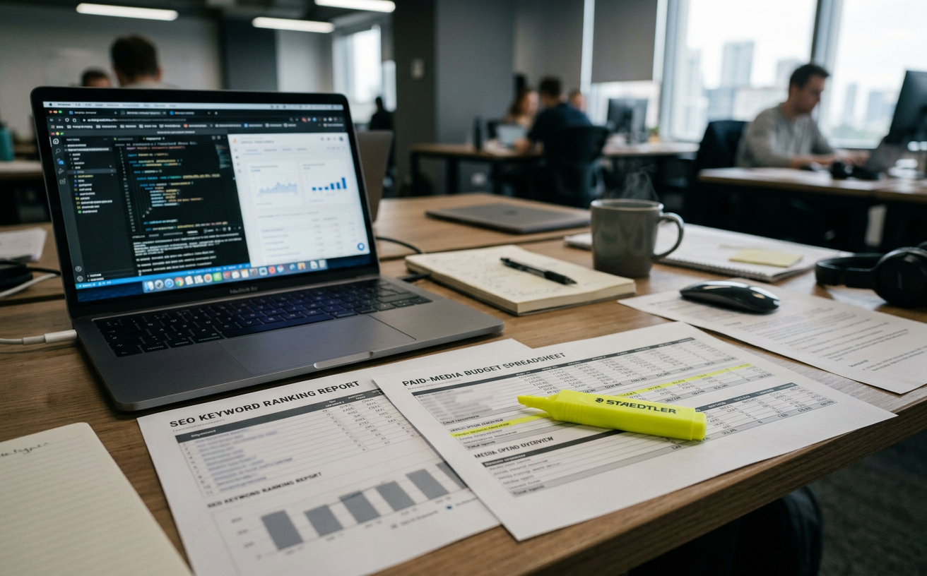 An SEO ranking report and paid-media spreadsheet on a desk with a yellow highlighter