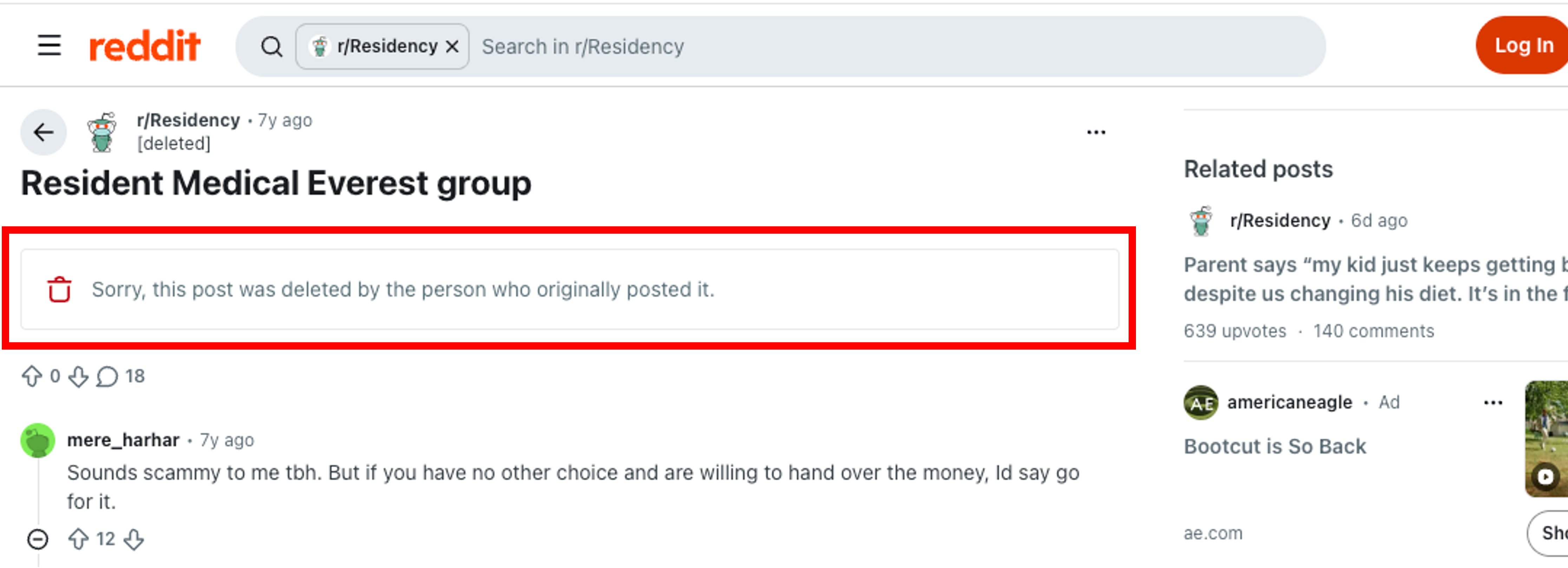 Reddit thread in r/Residency where the original post body is replaced with "Sorry, this post was deleted by the person who originally posted it." The title and comments remain visible.