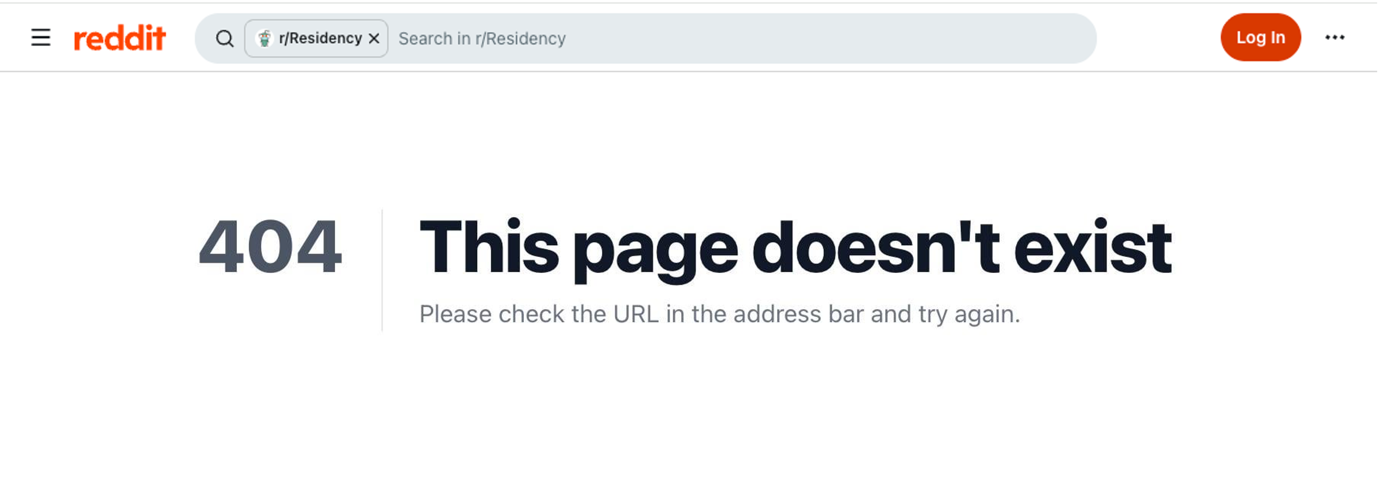 Reddit page returning a 404 error that reads "This page doesn't exist. Please check the URL in the address bar and try again."